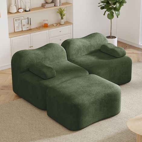 Canapé modulable 2 places 192 x 167 x 70 cm - Velours vert - Forme L, pouf, sans montage (1/5)