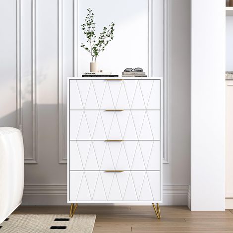 Commode 4 tiroirs, Scandinave Commode en forme de losange, panneau en placage, poigné et pied doré, MDF, 60x34x90cm, blanc (60x34x90 cm)