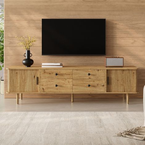 Mobile porta tv 165 cm - Mobile basso in legno mdf con 4 cassetti e 2 ante scorrevoli - Ampio spazio di archiviazione per soggiorno - Stile scandinavo colore legno naturale (1/5)