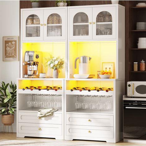 Buffet haut 140x40x180 cm MDF métal verre blanc, LED connectée, rangement salle à manger – MEUBLIV (1/5)