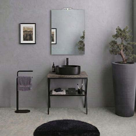 Chevalet De Salle De Bain En Métal Noir Avec Étagère En Verre, Plateau Chêne Fossilisé Et Miroir 60X80 Manchester (1/5)