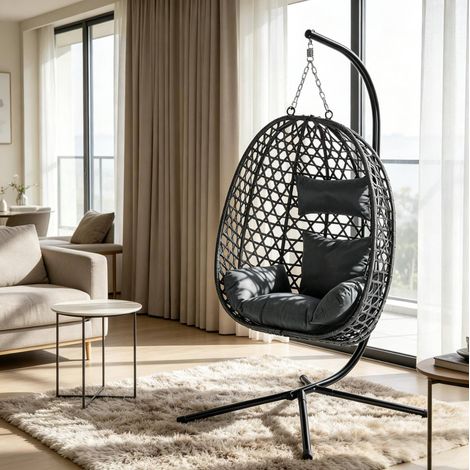 Poltrona sospesa in rattan PE e metallo dark grey 105 x 105 x 195 cm con cuscini e altezza regolabile (1/5)