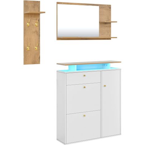 Meuble à chaussures blanc bois LED, miroir, 4 crochets 105x25x151,5 cm (1/5)