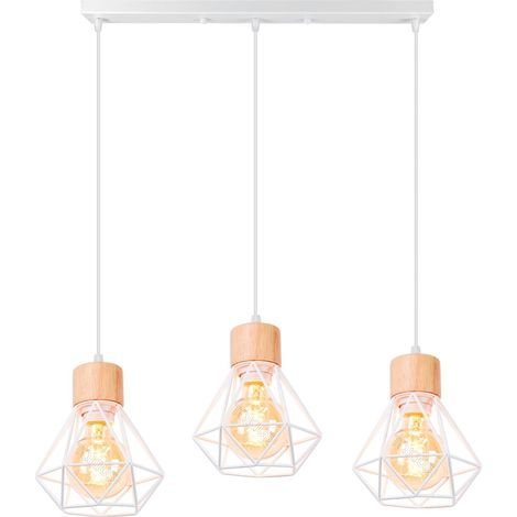 Lot de 3 Suspensions Industrielles - Métal et Bois - Design Rétro Diamant - Éclairage Intérieur - Salon Cuisine Chambre - Ø16cm (1/5)