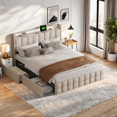 Lit double 160x200 cm - TANANT - Beige - 4 tiroirs - Tête de lit USB - Éclairage LED (1/5)