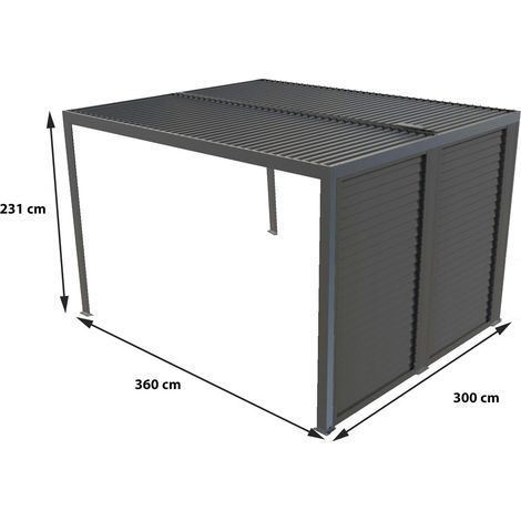 Habrita – Pergola bioclimatique aluminium 10,80m2 – Ventelles latérales mobiles 3m – Structure gris anthracite – Résistante aux intempéries (1/9)