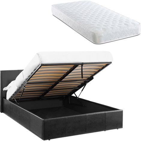 LUNA 3FT Single Black Ottoman Storage Bed with Gas Lift & 17cm Spring Mattress - Faux Leather