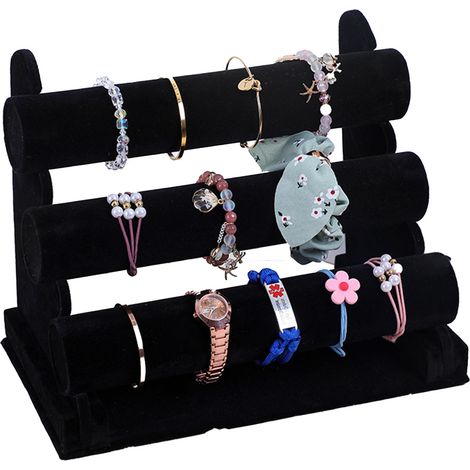 Tour à bijoux en velours à 3 niveaux, présentoir pour montres, bracelets et colliers, noir (1/5)