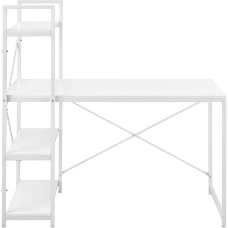 Escritorio con estantes puesto de trabajo mesa de oficina panel de fibra de madera melaminado y metal 122 x 120 x 64 cm blanco 030001139