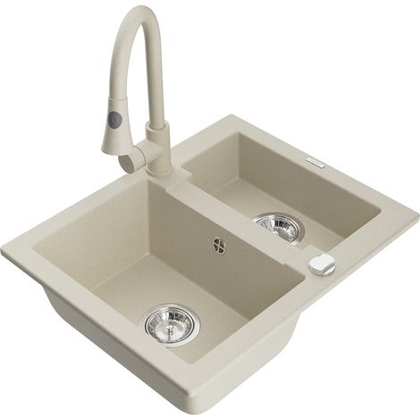 Mexen Carlos 1,5-Becken-Granitspüle mit Mischbatterie Elia, Beige - 6518-69-670101-69