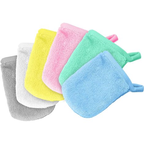 Lot de 6 Gant de toilette, Coton, Flanelle, Multicolore, 11x9cm, Visage, Corps, Enfant, Adulte (1/5)