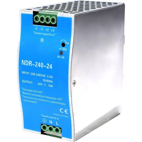 DIN Power 240W Rail switching power 24V Bloc d'alimentation pour Entrée AC 100-220V 2.4A, Sortie DC 24V 10A Plusieurs fonctions de protection Modèle industriel NDR-240W-24V. (1/5)