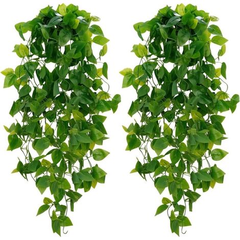 Plantes suspendues artificielles, lot de 2, fausses plantes grimpantes vertes pour décoration murale intérieure et extérieure (sans panier). (1/4)