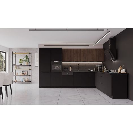 Winkelküche SIENA + MONZA 350x290 cm Küchenzeile Eckküche Küche Nußbaum Schwarz (1/5)