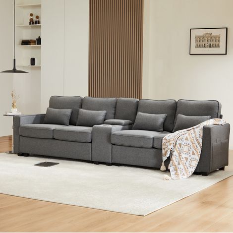 Sofá recto de 4 plazas 290x83x88 cm de poliéster gris oscuro con almacenaje FLORAGRACE (1/5)