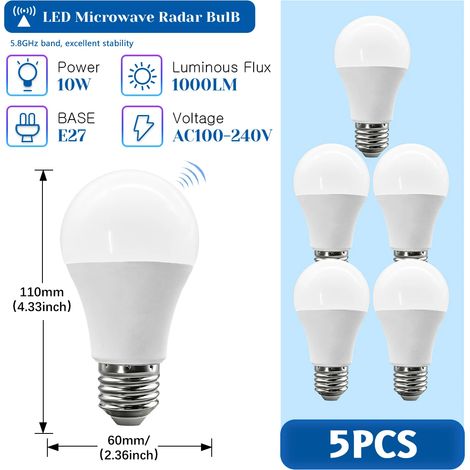 (5 unités, lumière naturelle 4000K) Ampoule radar à micro-ondes avec détecteur de mouvement, 10 W, 1000 lm, sans scintillement (1/5)