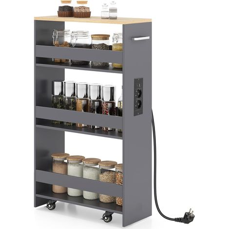 Costway – Chariot de rangement étroit 20 cm – Desserte de cuisine à 4 niveaux avec station de recharge – 4 roulettes avec frein – Bois et métal (Gris + Naturel) (1/5)