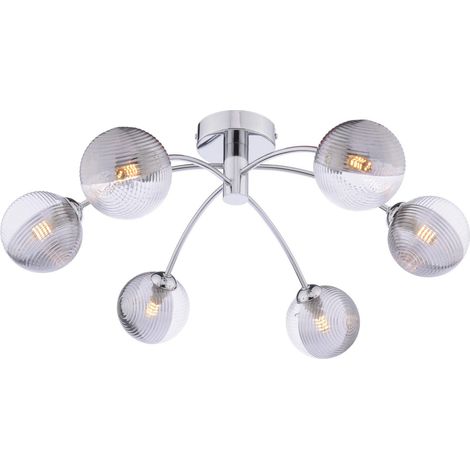Dar Izzy Plafonnier semi-encastré Izzy à 6 lumières, finition chrome poli et verre fumé/transparent nervuré (1/2)