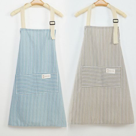 Tablier pour femme avec poches, 2 pièces à rayures bleues et café, tablier de chef de cuisine en lin et coton réglable pour la cuisine, les grillades, la pâtisserie, le jardinage, le nettoyage ménager