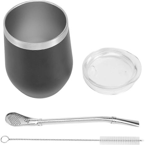 Tasse à thé à double paroi en acier inoxydable avec couvercle, noire-- (1/5)