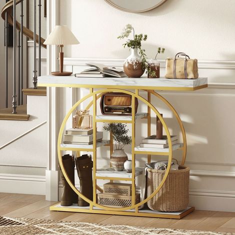 Table Console d'Entrée Meuble d'Entrée Industrielle 6 Étagères Rangement Plateau 4cm 100 x 30 x 81,5cm Blanc (1/5)
