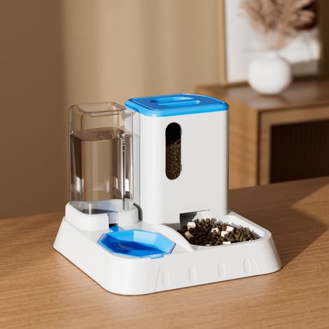 Distributeur Automatique Nourriture Eau - 2-en-1 Anti-renversement - Pour Chiens Chats Lapins - Capacité Élevée - Bleu (1/5)
