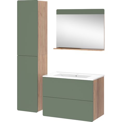 Conjunto de muebles de baño Izan, Goldkraft roble/verde, 4 piezas con mueble alto, Vicco