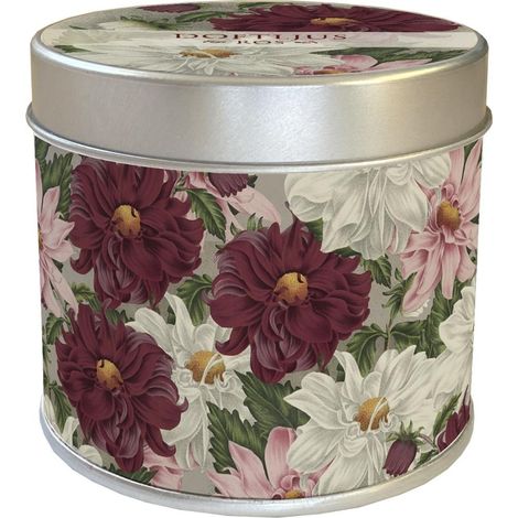 Vela perfumada de dalia morada con aroma a rosa.