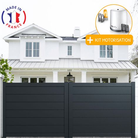 Portail aluminium coulissant plein en kit + Motorisation dimensions L.3500 (entre piliers) X H.1900 mm Couleurs Gris (RAL 7016) (1/2)