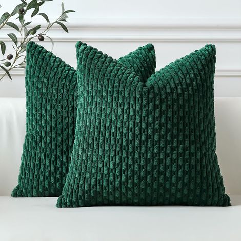 Set di 2 federe per cuscini in velluto a coste verde scuro, 45x45 cm, morbide federe a righe in stile bohémien, federe decorative per letto, divano, sedia, camera da letto, soggiorno (1/5)