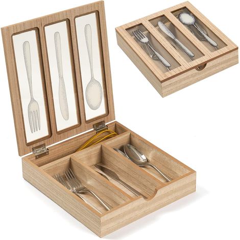 Boîte à Couverts en Bois avec Couvercle, 4 Compartiments, Rangement de Cuisine (1/5)