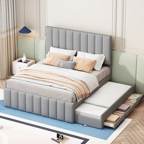 Bett gepolstert klassisch 140x200 cm grau mit Ausziehbett und 3 Schubladen, Lattenrost (1/5)