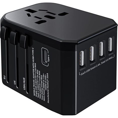 Adaptateur de voyage universel Prise de voyage avec 4 ports USB + charge rapide Type-C 3,0 A Prise secteur universelle (1/5)