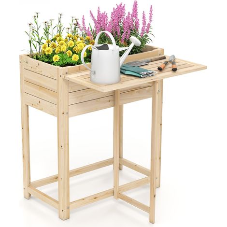 Letto da giardino rialzato in legno con gambe e tavolino laterale pieghevole, Fioriera elevata per fiori e verdure Naturale (1/3)
