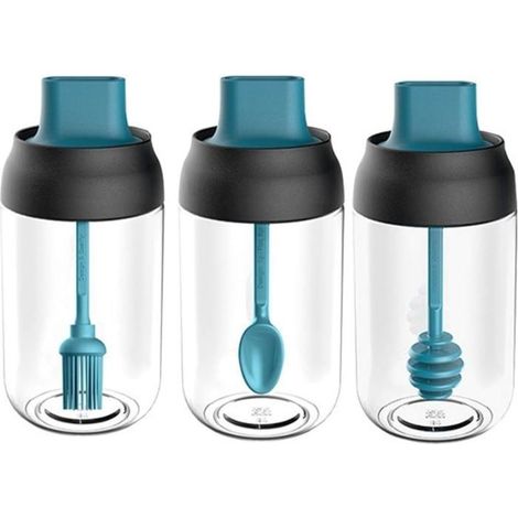 Lot de 3 bocaux à épices en verre avec couvercle hermétique transparent et cuillère à brosse, bâton de miel, bouteille d'huile (1/3)