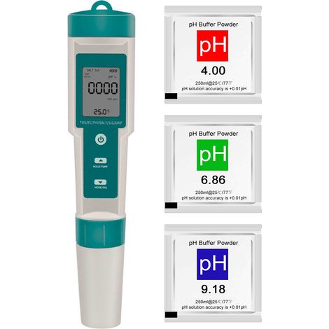 Medidor de calidad del agua portátil 7 en 1: pH, TDS, EC, salinidad, ORP, temperatura, resistente al agua, 185 mm, para acuarios y piscinas. (1/5)