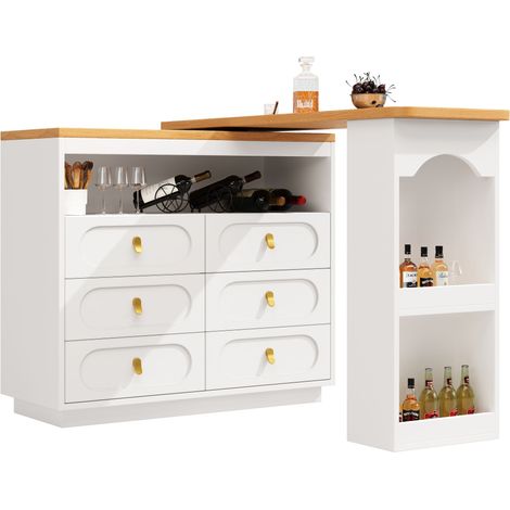 Meuble de bar de cuisine extensible - rotation à 360 - 203x39x90cm - 6 tiroirs - avec étagères latérales - Blanc