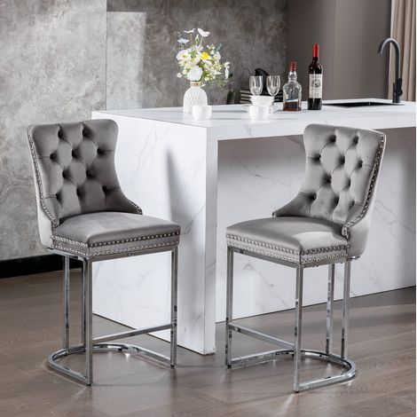 2er-Set Barhocker 54×46×97 cm aus grauem Samt mit Fußstütze – MEUBLIV (1/5)