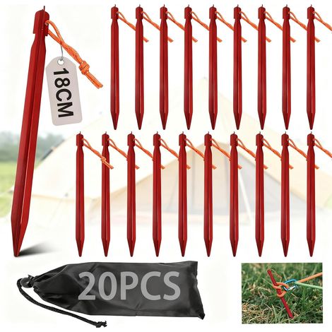 20 Piquets de tente, Aluminium 18 cm, Corde réfléchissante, Rouge, Camping, Randonnée, Plage (1/5)