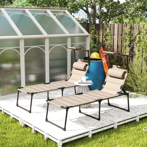 Set aus 2 klappbaren Sonnenliegen mit extra Komfort, verstellbarer Rückenlehne und mehrfach verstellbarem Sonnenschutz, khaki