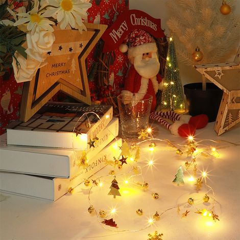 ensemble de guirlandes lumineuses de Noël décorées de flocons de neige dorés, comprenant des lumières de Noël, des cloches et des lumières pour sapin de Noël. (1/5)
