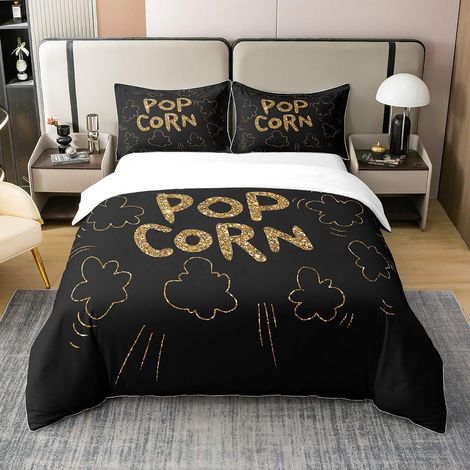 Popcorn Gold Noir Cinema 100% Coton Housse de Couette 140x200cm Garçons Filles Enfants rétro cinéma Parure de lit Coton Vintage Room Decor décoration de Chambre Ensemble de Literie - 140 x 200 cm + 1 (1/5)