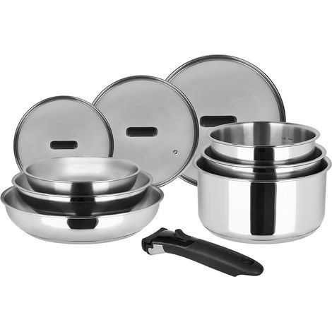 Batterie de Cuisine 10 Pièces 100% INOX : 3 Poêles Ø20,24,28 cm + 3 Casseroles Ø16,18,20 cm + 3 Couvercles Verre Ø16,18,20 cm + manche amovible - Tous feux dont induction (1/5)