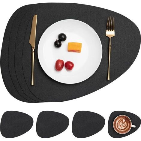 Set de Table et Dessous de Verre, Set de Table Antidérapant Double Face Sets de Table Lavable Imperméables Set Table et Dessous de Verre Set Table Plastique (Noir, Lot de 4) (1/4)