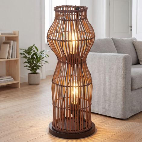 Bodenleuchte 60 cm Braun Bambus Korb 2x E27 Boho Stehlampe klein