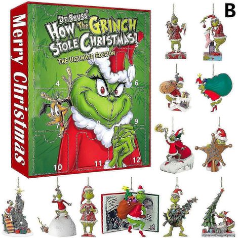 Calendrier de l'Avent de Noël, boîte surprise Grinch, sapin de Noël, pendentif monstre vert, décorations acryliques, boîte surprise de Noël (1/5)