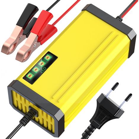 Caricabatteria per auto, caricabatteria per auto completamente automatico da 12 V/2 A con schermo LCD e compensazione della temperatura per auto, camion, moto, tosaerba, barca, batterie marine, giallo (1/4)
