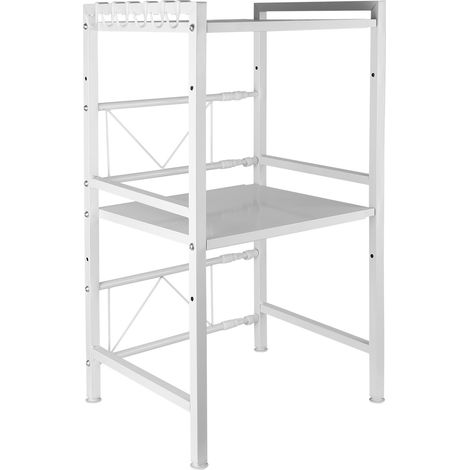 Yongqing – Étagère double rétractable pour micro-ondes – Acier au carbone blanc – Dimensions ajustables 40/64×36.5×78cm – Avec crochets pour rangement (1/6)