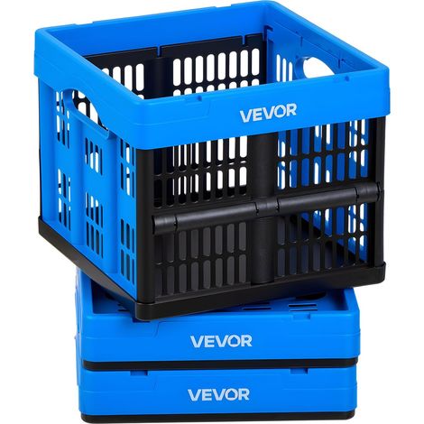 Caisse Plastique Pliable 25 L Lot de 3, Cagette Pliable avec Poignées, Charge Max. 10 kg par Caisse, Bac de Rangement Empilable pour Maison, Camping, Voiture et Courses, en PP, Bleu et Noir (1/5)