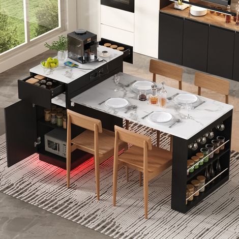 Isla de cocina con ruedas, mesa de comedor extensible con iluminación LED, mesa de cocina con regletas y ganchos, que sirve como isla de cocina. (1/5)